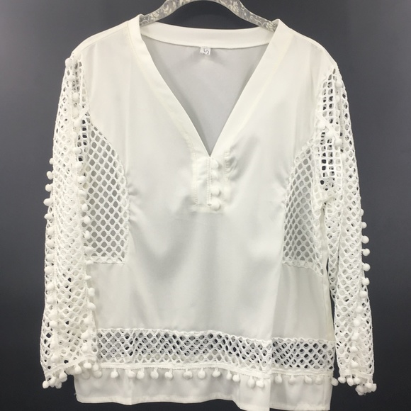 Simi Classic White Net and Pom Pom Blouse - Picture 1 of 6